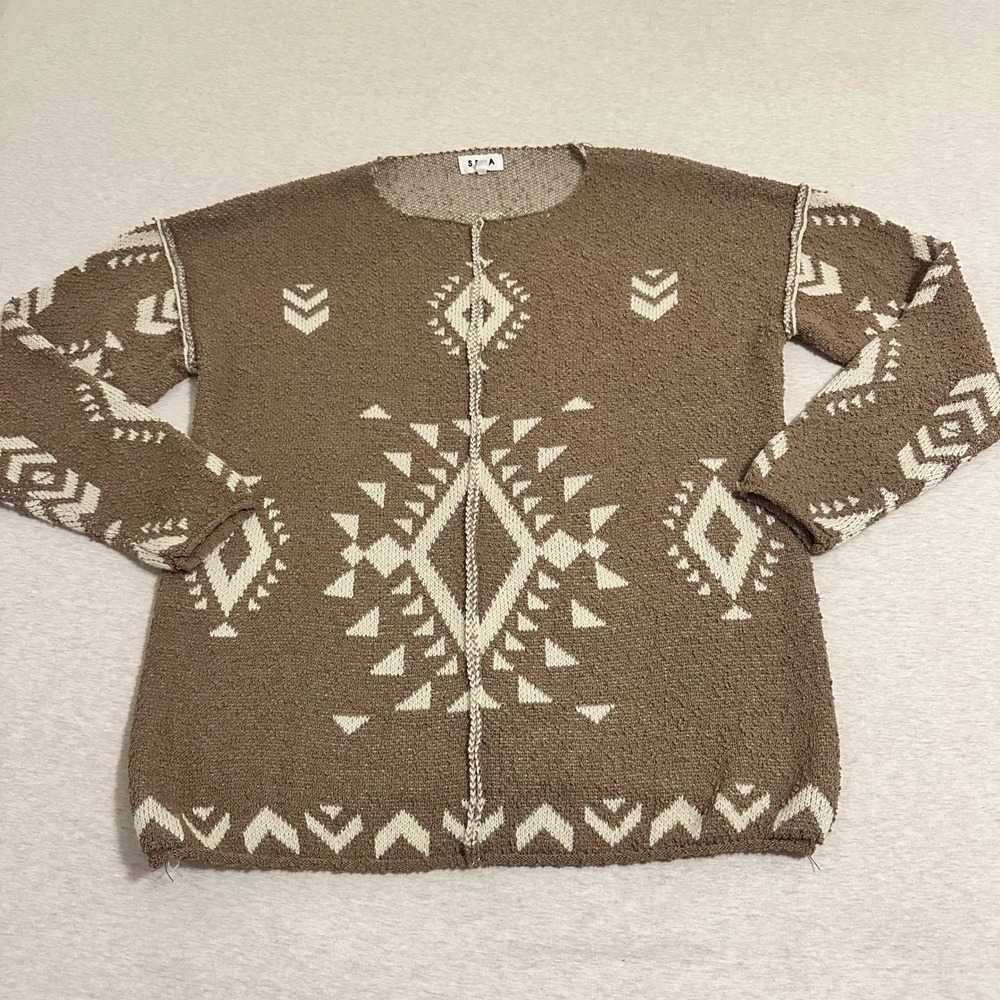 SPLA Women Brown Geometric Southwestern Popcorn Knit Oversized Sweater Small